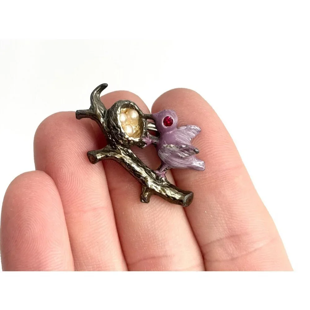 Lavender Perched Bird Figural on Branch with Eggs Costume Jewelry Brooch